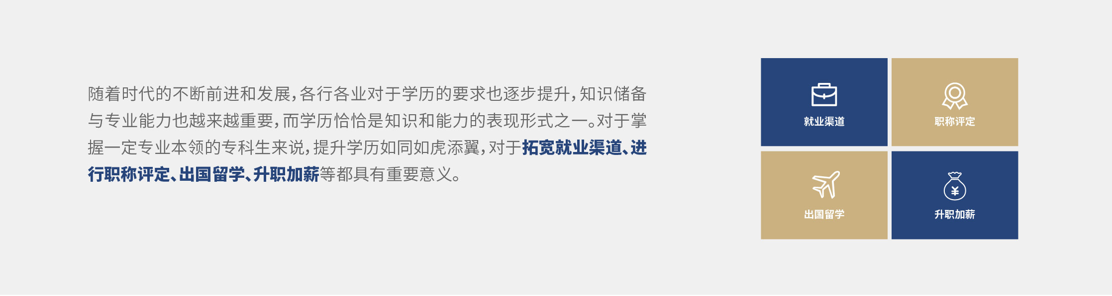 随着时代的不断前进和发展，各行各业对于学历的要求也逐步提升，知识储备与专业能力也越来越重要，而学历恰恰是知识和能力的表现形式之一。对于掌握一定专业本领的专科生来说，提升学历如同如虎添翼，对于拓宽就业渠道、进行职称评定、出国留学、升职加薪等都具有重要意义。